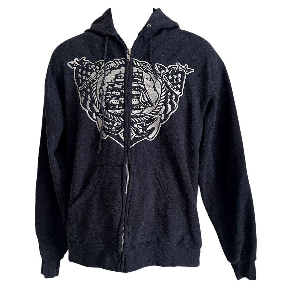 Sailor Jerry Mens Zip Hoodie‎ Navy Blue Embroidered RARE VINTAGE M/L